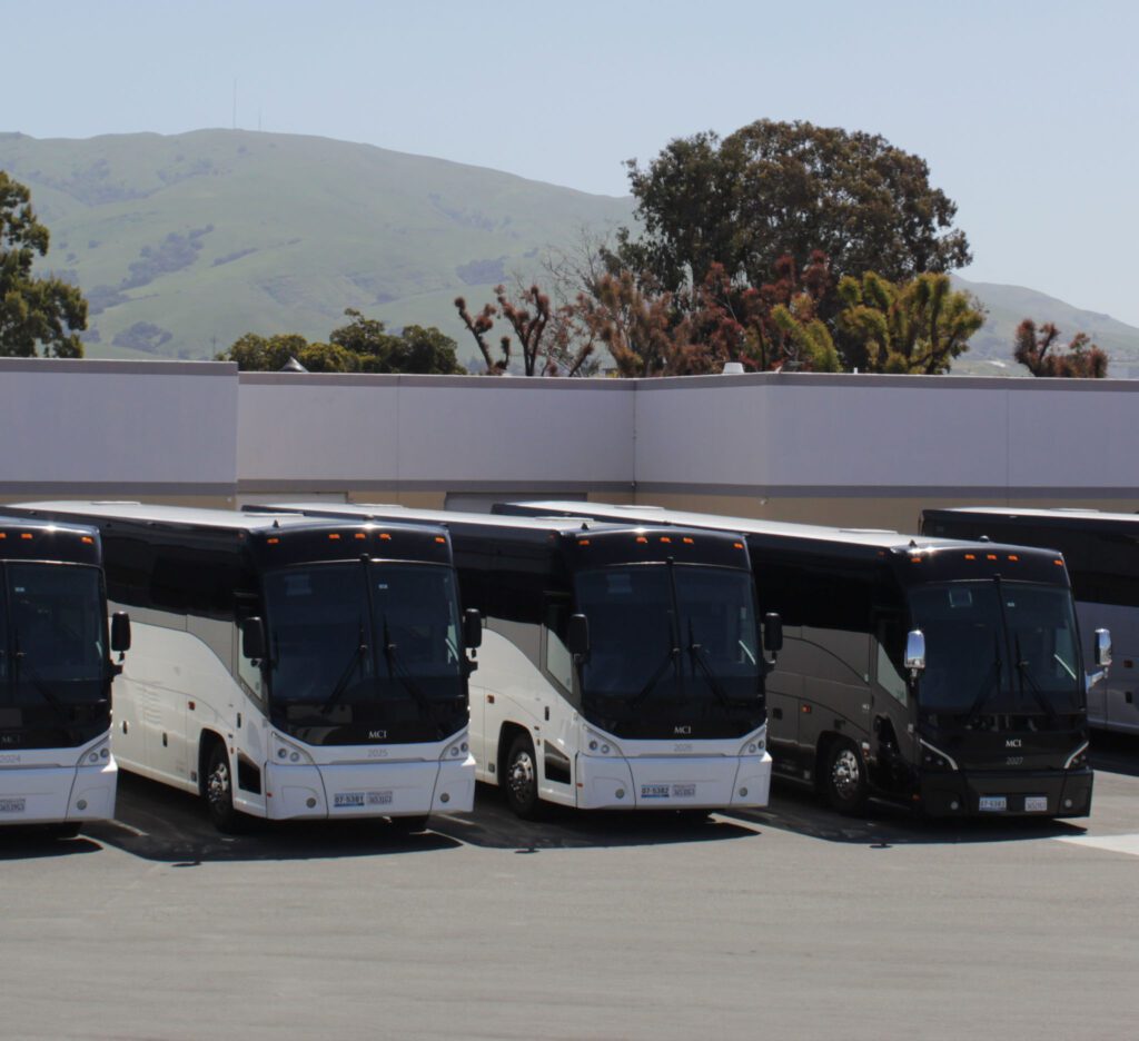 5 Hallcon buses parked in a line.