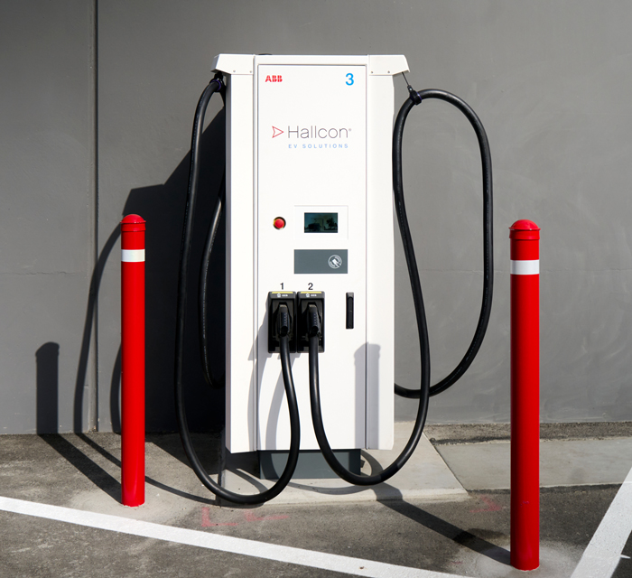 Hallcon branded EV charger at Fremont, CA EV Operations Center.