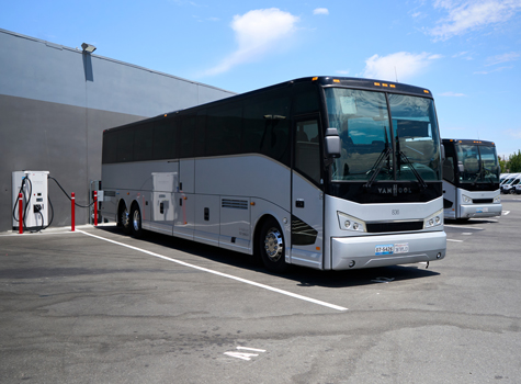 Hallcon EV motorcoach plugged in at Fremont, CA EV Operations Center