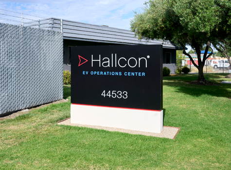 Hallcon EV Operations Center monument sign in Fremont, CA