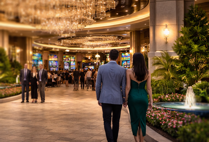 Couple walking into a high end casino