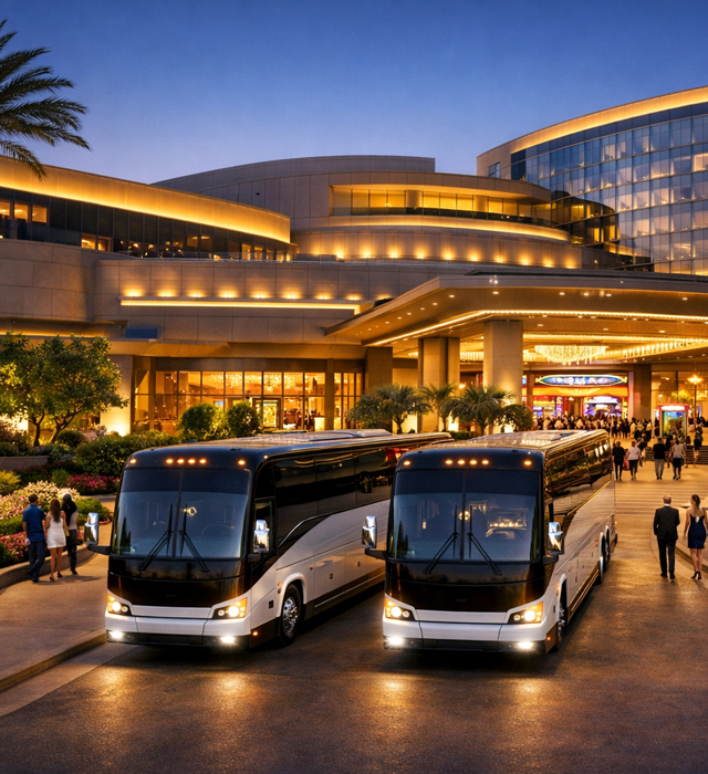 2 motorcoaches parked outside of a 5 star casino