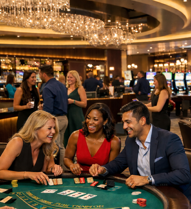 Happy people sitting at a black jack table in a casino